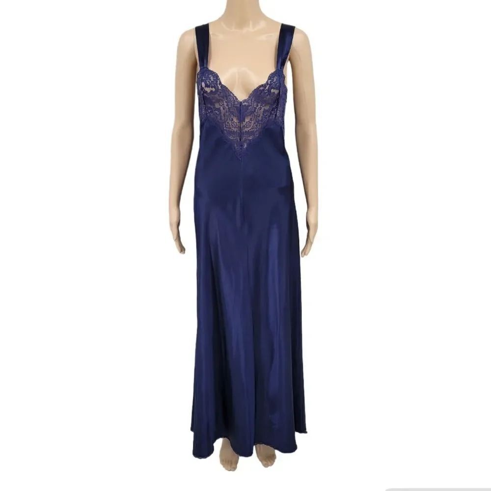 Vanity Fair Vintage Blue Satin Maxi Length Slip Dress Open Back Lace Panel Chest